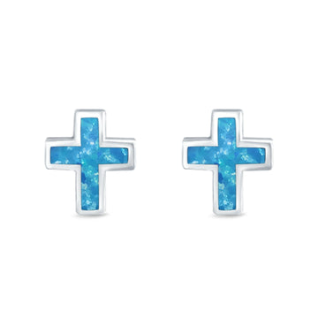 Cross Stud Earrings Lab Created Blue Opal 925 Sterling Silver